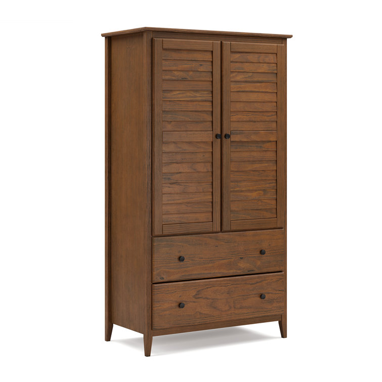 Brushed Walnut Coastal Solid Wood Armoire with Louvered Doors