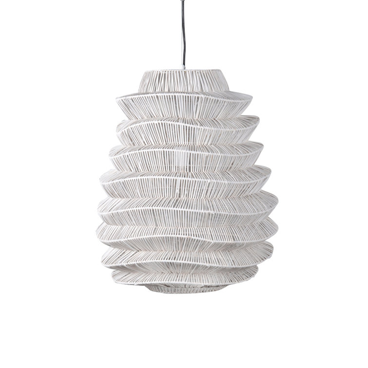 White Rattan Woven Pendant Light with Iron Accent