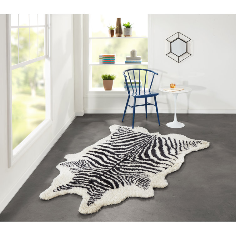 Zebra Striped Black and Turquoise Faux Fur Rug 3'6" x 5'6"