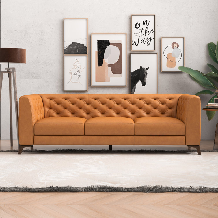 Tan Genuine Leather Tufted Tuxedo Arm Sofa