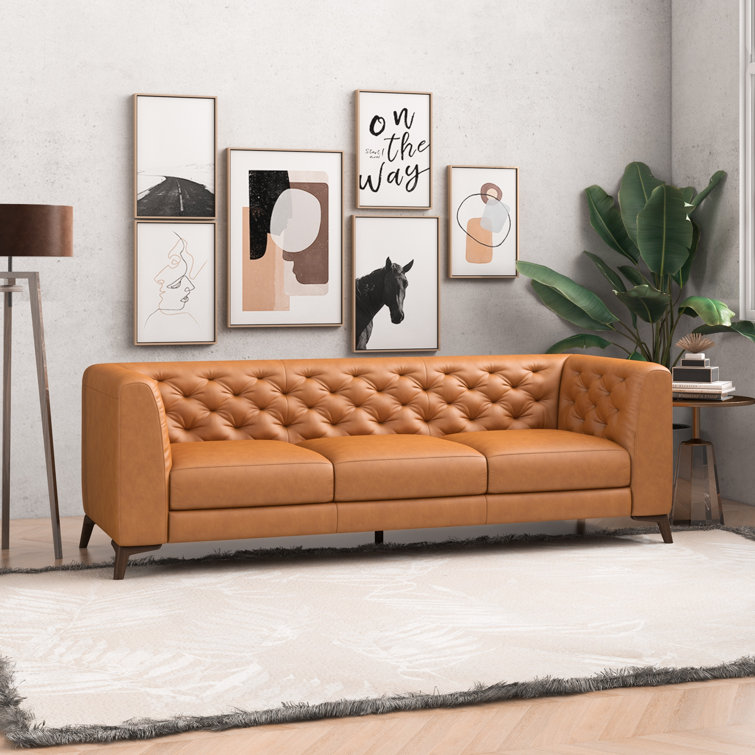 Tan Genuine Leather Tufted Tuxedo Arm Sofa
