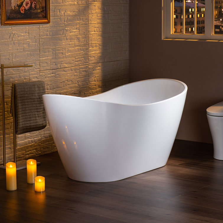 White Oval Freestanding Acrylic Bathtub with Brushed Gold Finish