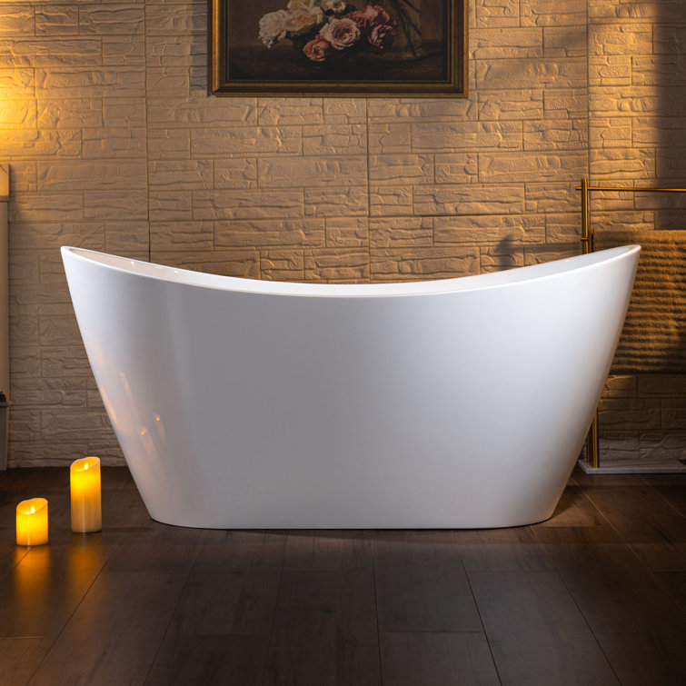 White Oval Freestanding Acrylic Bathtub with Brushed Gold Finish
