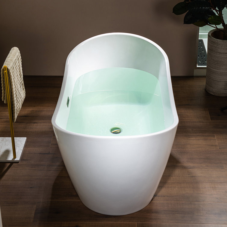 White Oval Freestanding Acrylic Bathtub with Brushed Gold Finish