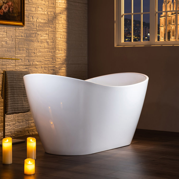 White Oval Freestanding Acrylic Bathtub with Brushed Gold Finish