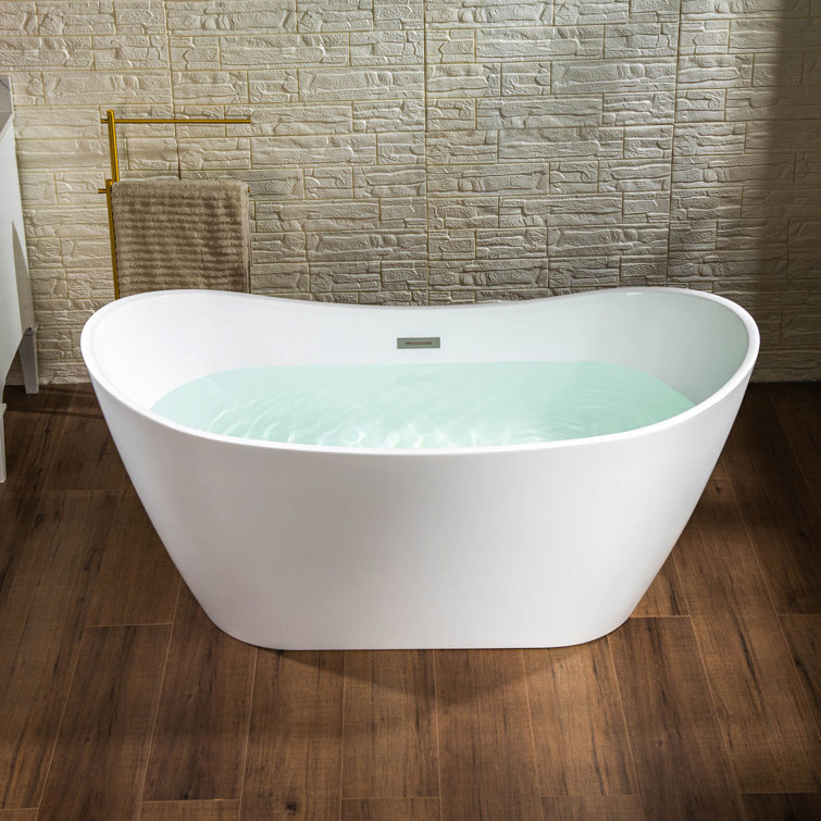White Oval Freestanding Acrylic Bathtub with Brushed Gold Finish