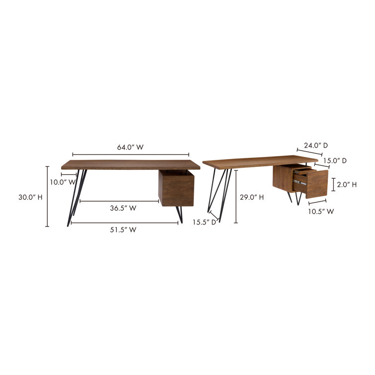 Industrial Brown Solid Wood Desk with Filing Cabinet