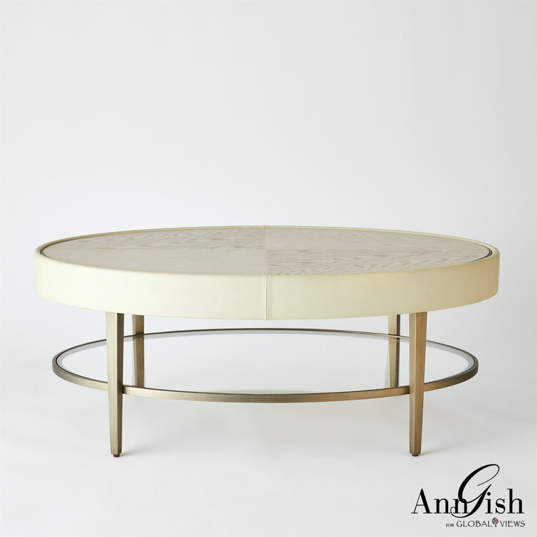 Ivory and Gray Oval Wood Metal Glass Coffee Table