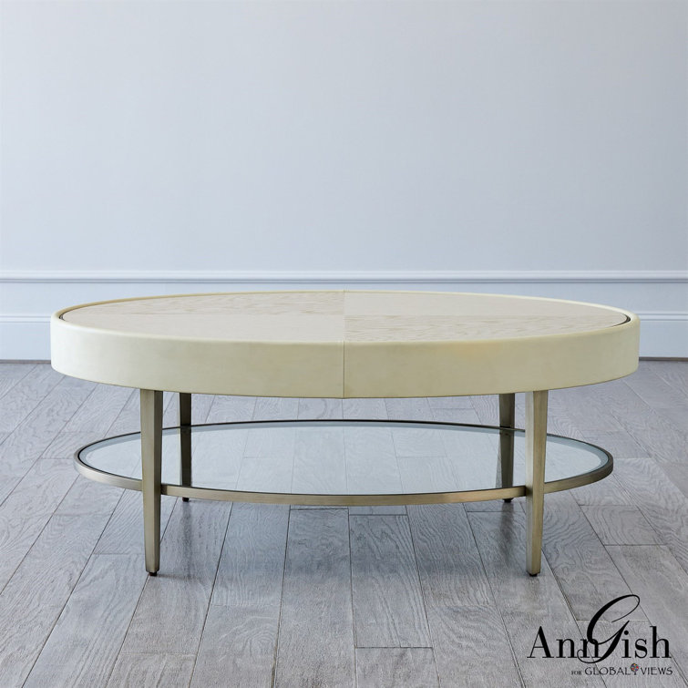 Ivory and Gray Oval Wood Metal Glass Coffee Table