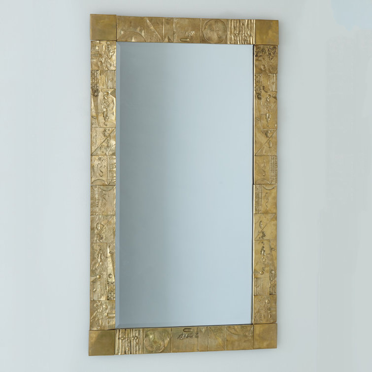 Rectangular Gold Beveled Wall Mirror with Wood Frame
