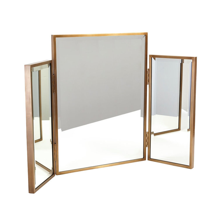 Classic Tri-Fold Horizontal Vanity Mirror in Antique Brass Finish