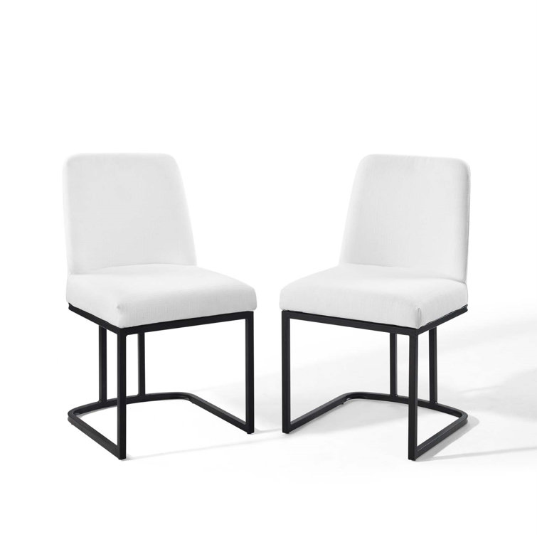 White Upholstered Sled Base Side Chairs with Black Metal Legs, Set of 2
