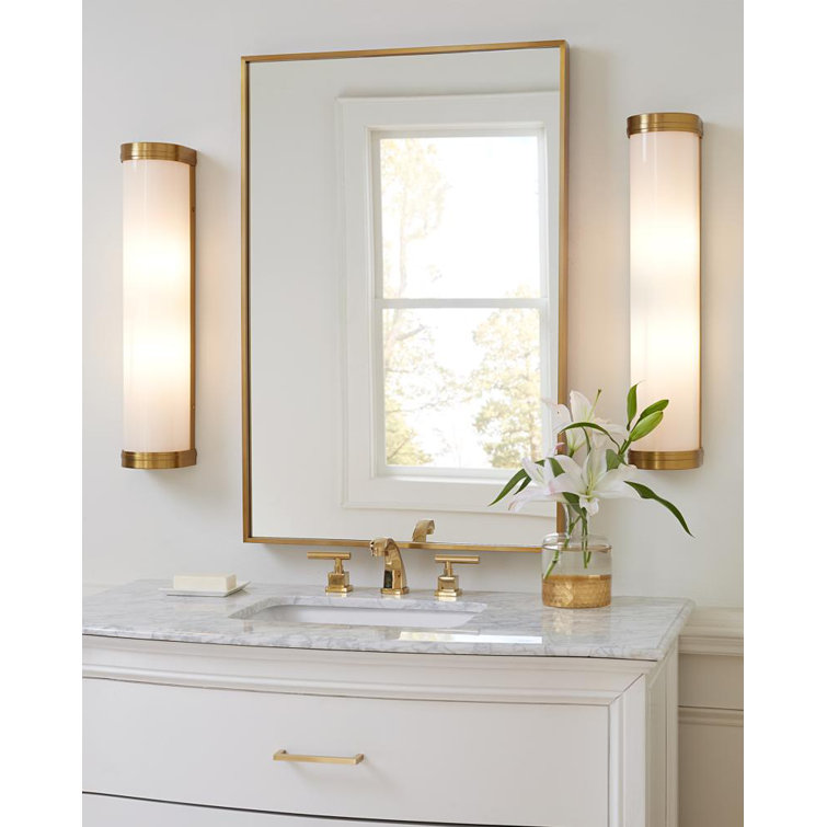 Aged Iron 2-Light Cylinder Bath Sconce with Opal Glass