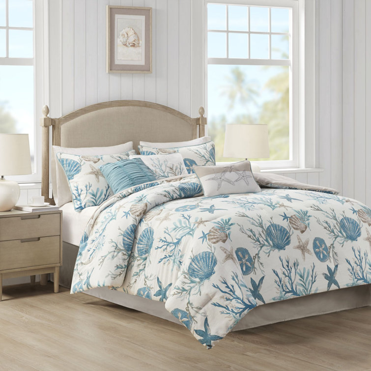 King Blue Cotton Coastal Comforter Set with Decorative Pillows