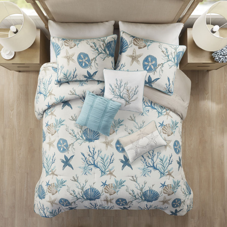 King Blue Cotton Coastal Comforter Set with Decorative Pillows