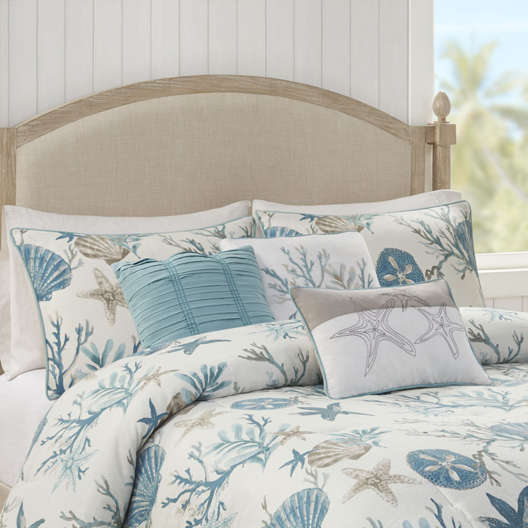 King Blue Cotton Coastal Comforter Set with Decorative Pillows