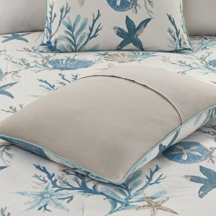 King Blue Cotton Coastal Comforter Set with Decorative Pillows