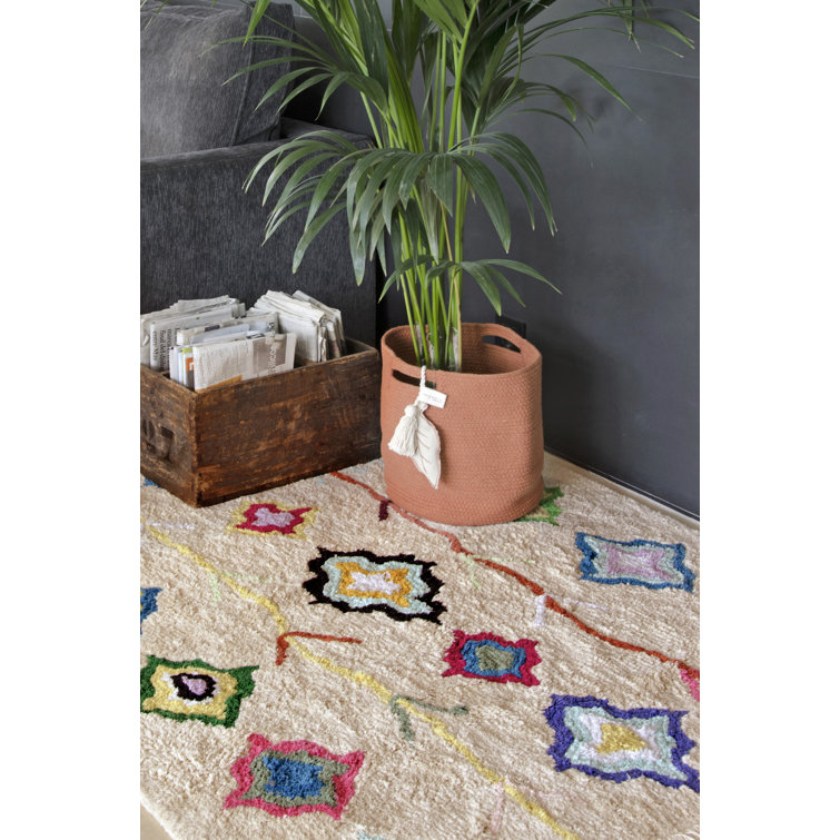 Handmade Ivory Cotton Wool Tufted Diamond Area Rug