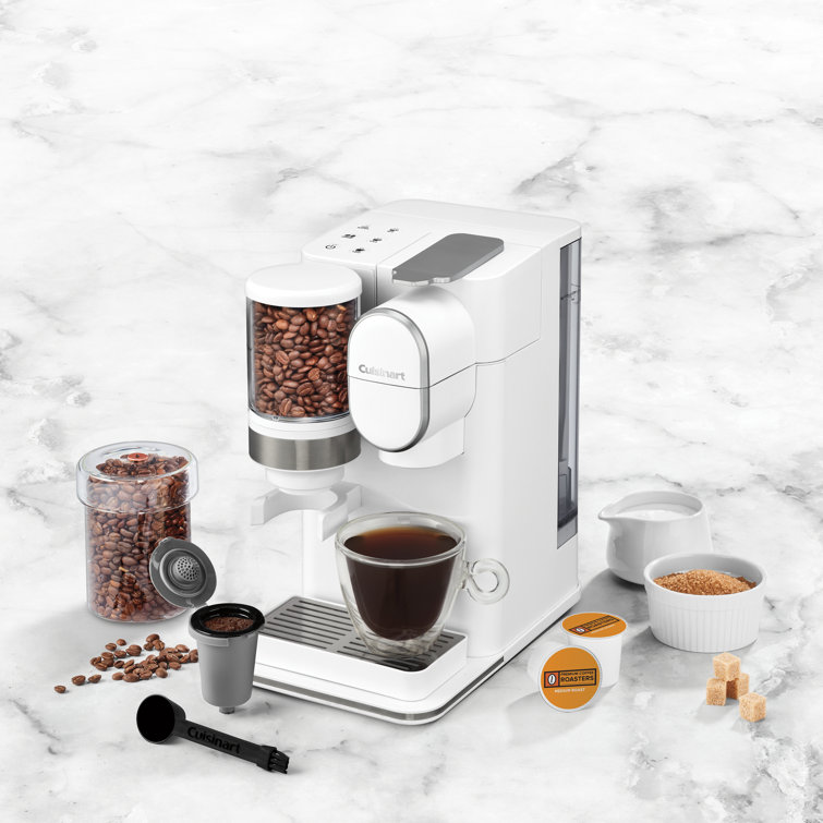 White Single-Serve Coffee Maker with Conical Burr Grinder