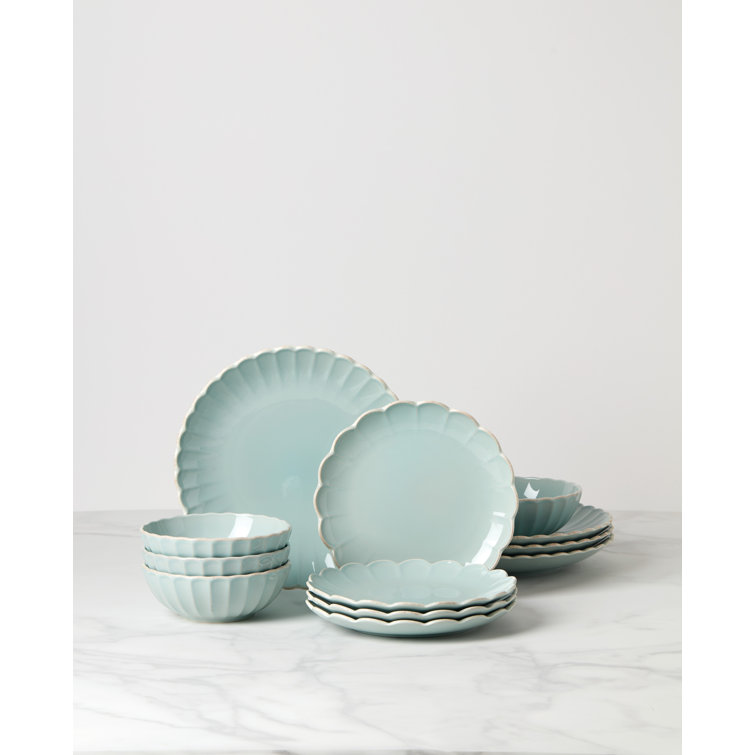 French Perle Ice Blue Ceramic 12-Piece Dinnerware Set