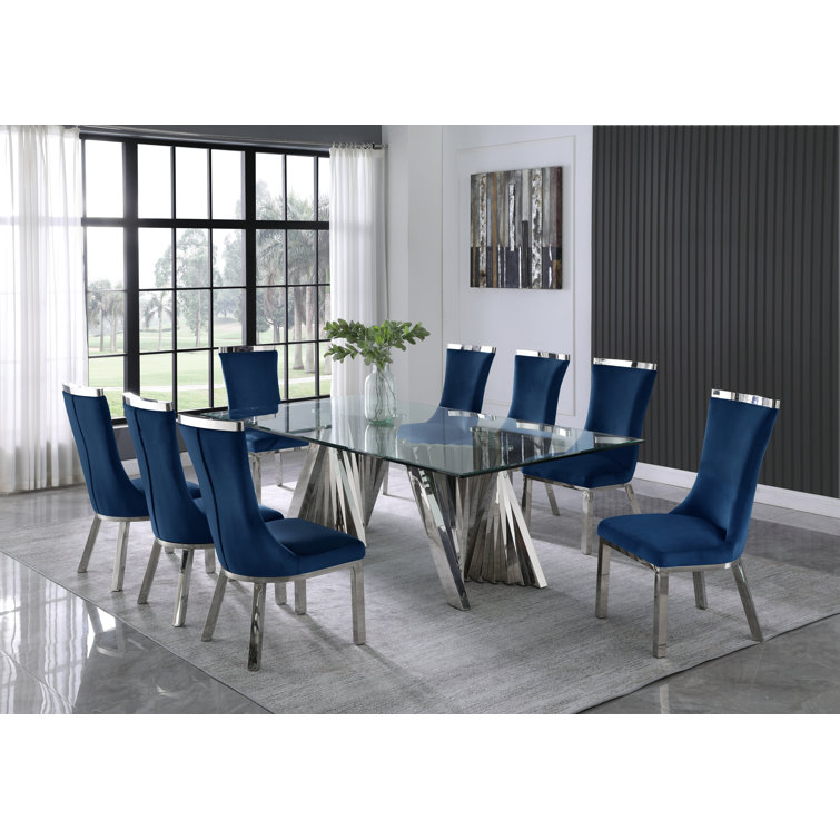 Navy Blue Velvet and Clear Glass 9-Piece Dining Set