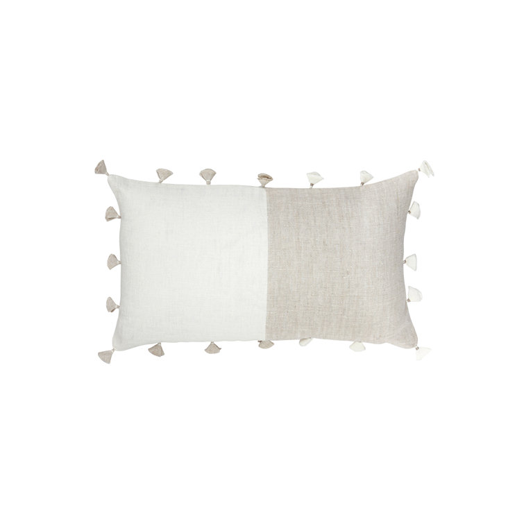 Natural Beige and White Linen Lumbar Pillow with Tassels