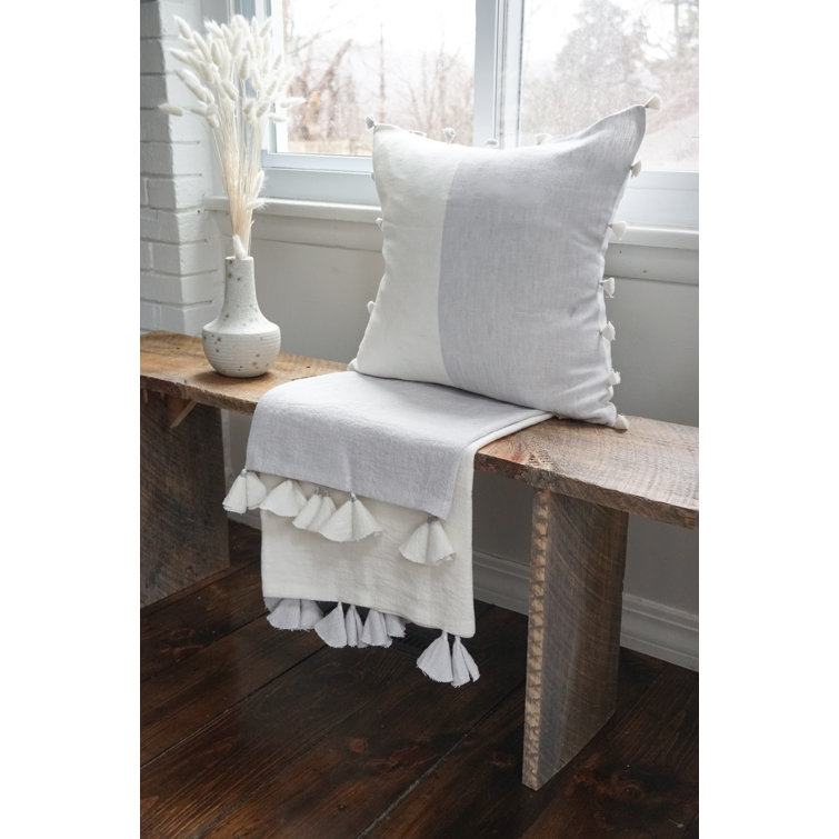 Light Grey and White Linen Pillow with Tassels, 20x20