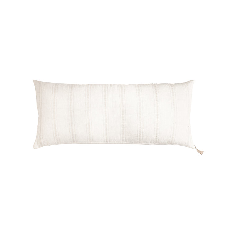White and Beige Embroidered Linen Lumbar Pillow 15x30