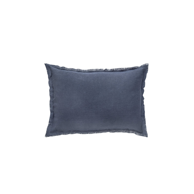 Navy Blue Linen Lumbar Pillow with Fringed Edges