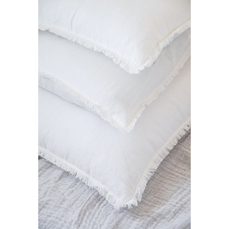 White Linen Fringe Throw Pillow with Feather Down Fill
