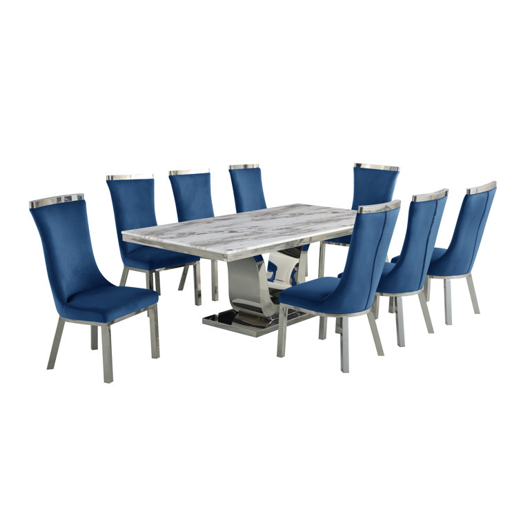 White Marble and Navy Blue Velvet 9-Piece Pedestal Dining Set