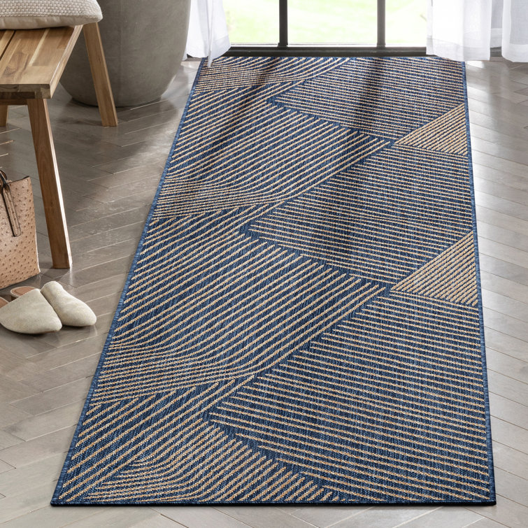 Linden Modern Blue Stripe Synthetic Runner Rug - 2'7" x 9'10"