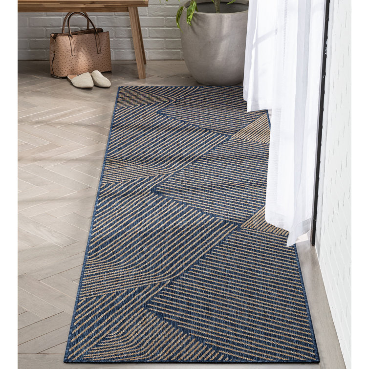 Linden Modern Blue Stripe Synthetic Runner Rug - 2'7" x 9'10"