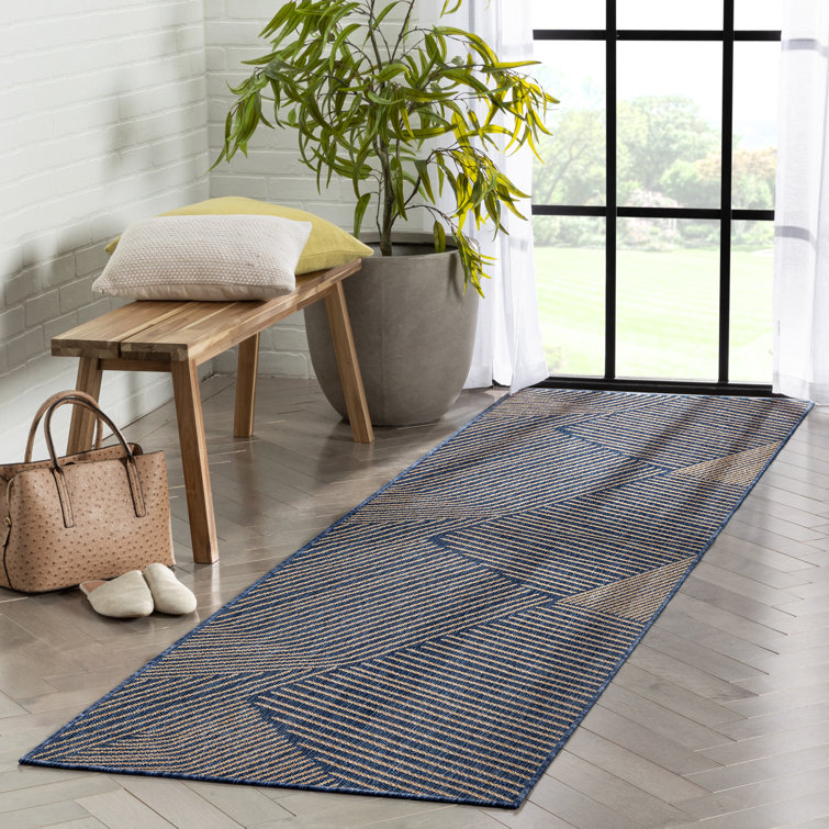 Linden Modern Blue Stripe Synthetic Runner Rug - 2'7" x 9'10"