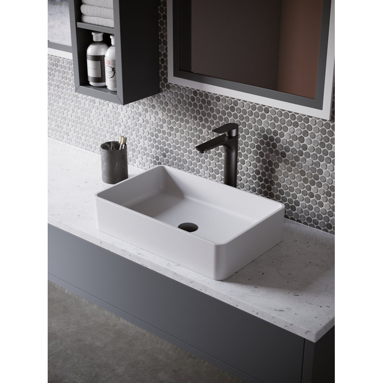 Matte White Acrylic 21" Rectangular Above-Counter Bathroom Sink with Matte Black Faucet
