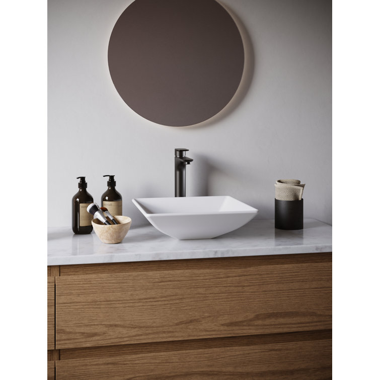 Matte White Acrylic Square Bathroom Vessel Sink with Faucet and Drain