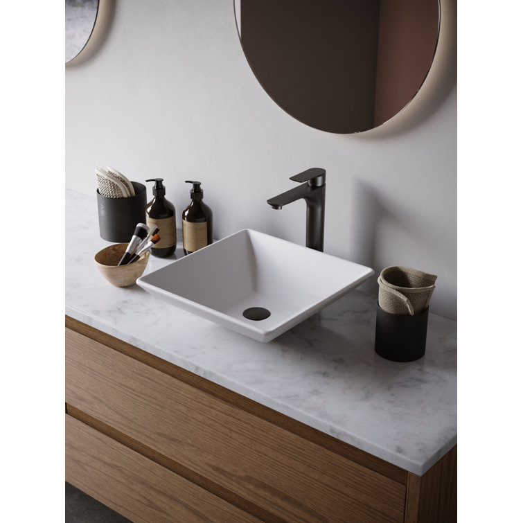 Matte White Acrylic Square Bathroom Vessel Sink with Faucet and Drain