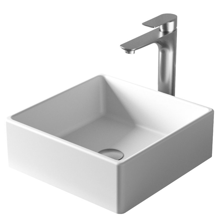 Matte White Square Acrylic Bathroom Vessel Sink with Stainless Steel Faucet