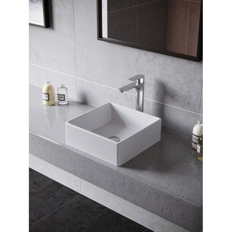 Matte White Square Acrylic Bathroom Vessel Sink with Stainless Steel Faucet