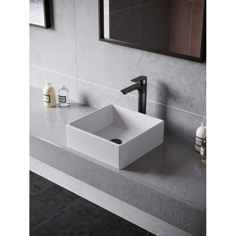 Matte White Acrylic Square Bathroom Vessel Sink with Matte Black Faucet