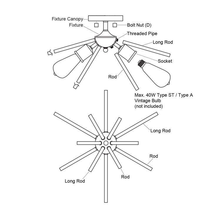 Matte Black Sputnik Semi-Flush Mount with Edison Filament Bulbs