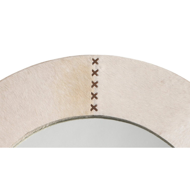 Whip-Stitched White Hide & Chocolate Leather Round Vanity Mirror