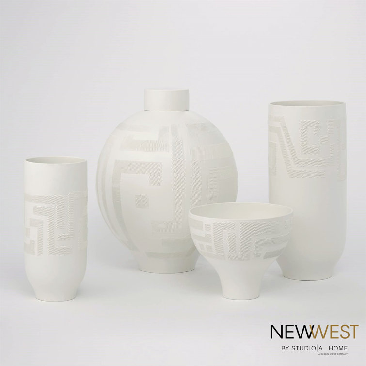 Matte White Ceramic Lidded Jar with Geometric Pattern