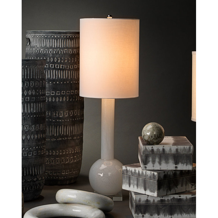 Tall White Linen Drum Shade Glass Table Lamp
