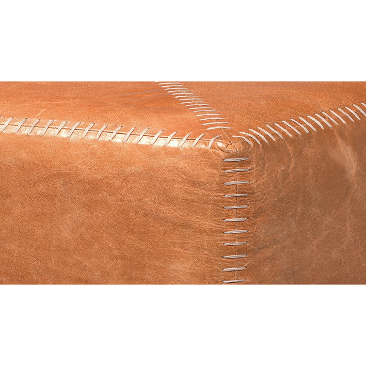 Rustic Large Buff Leather Pouf with Whipstitch Detail