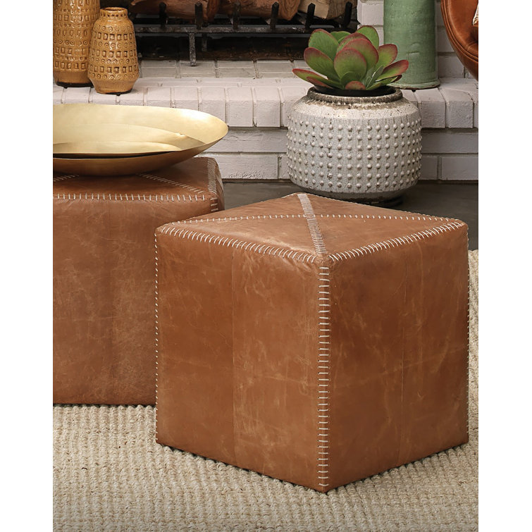 Rustic Large Buff Leather Pouf with Whipstitch Detail