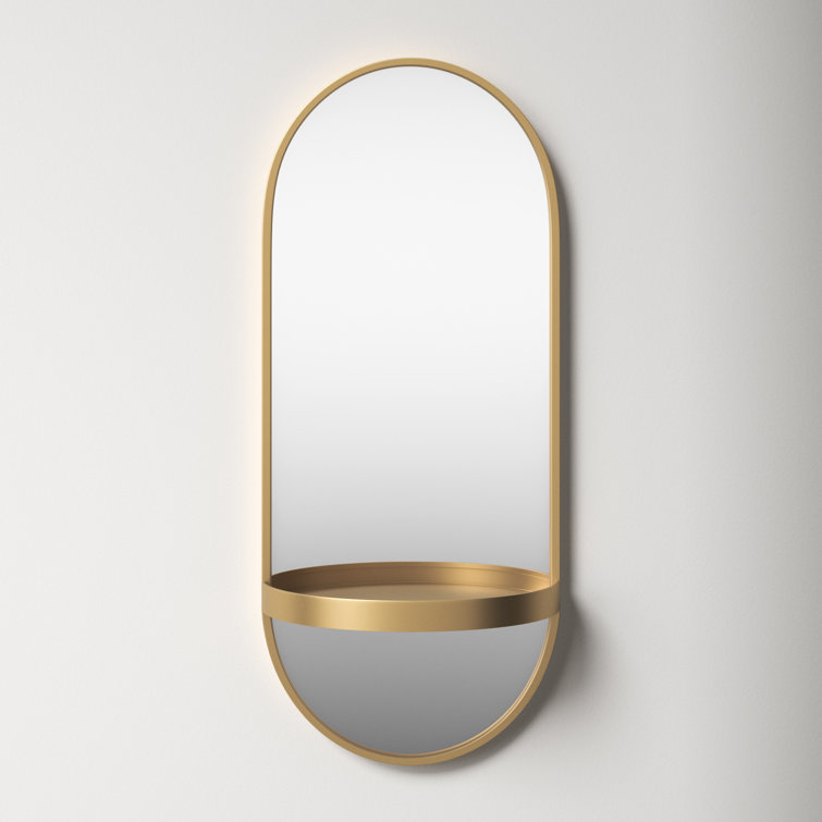 Estero Glam Gold Metal Capsule Wall Mirror with Shelf, 16x38