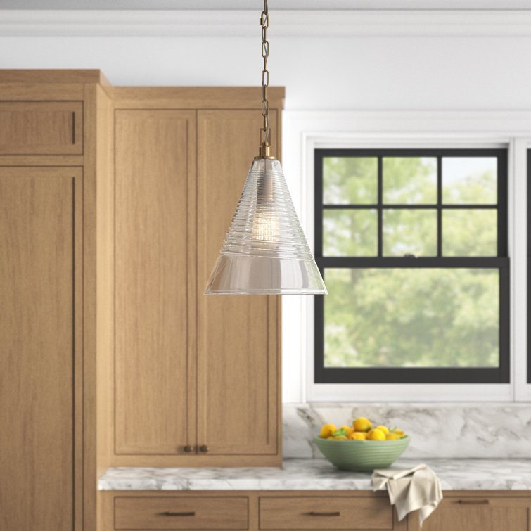 Burnished Brass Ribbed Glass Single Cone Pendant Light
