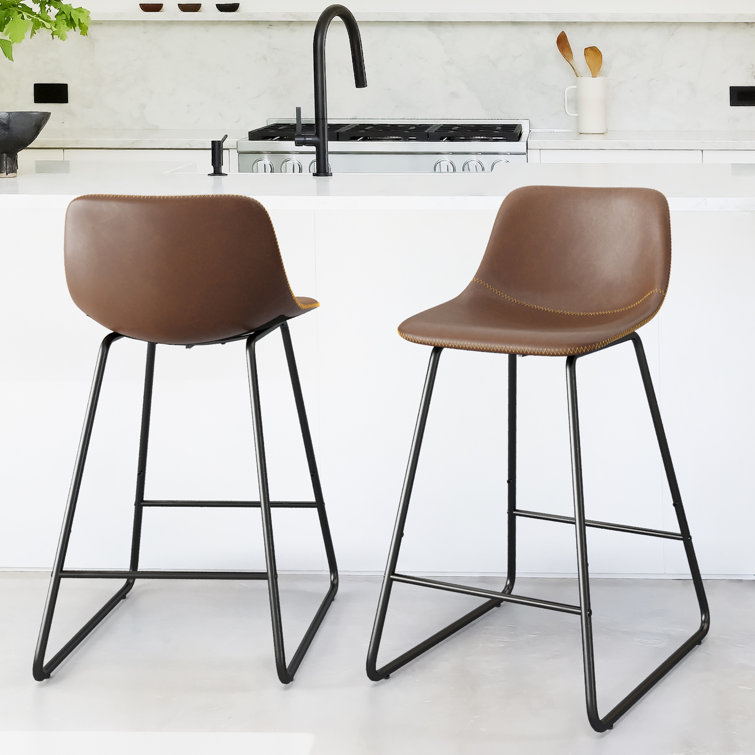 Whiskey Brown Faux Leather Counter Stools with Iron Frame, Set of 2