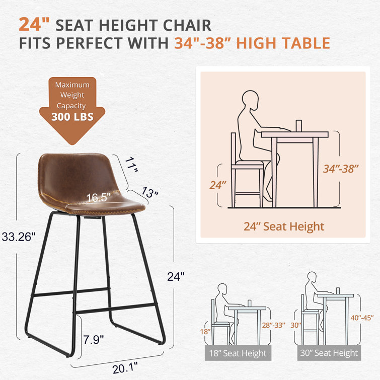 Whiskey Brown Faux Leather Counter Stools with Iron Frame, Set of 2